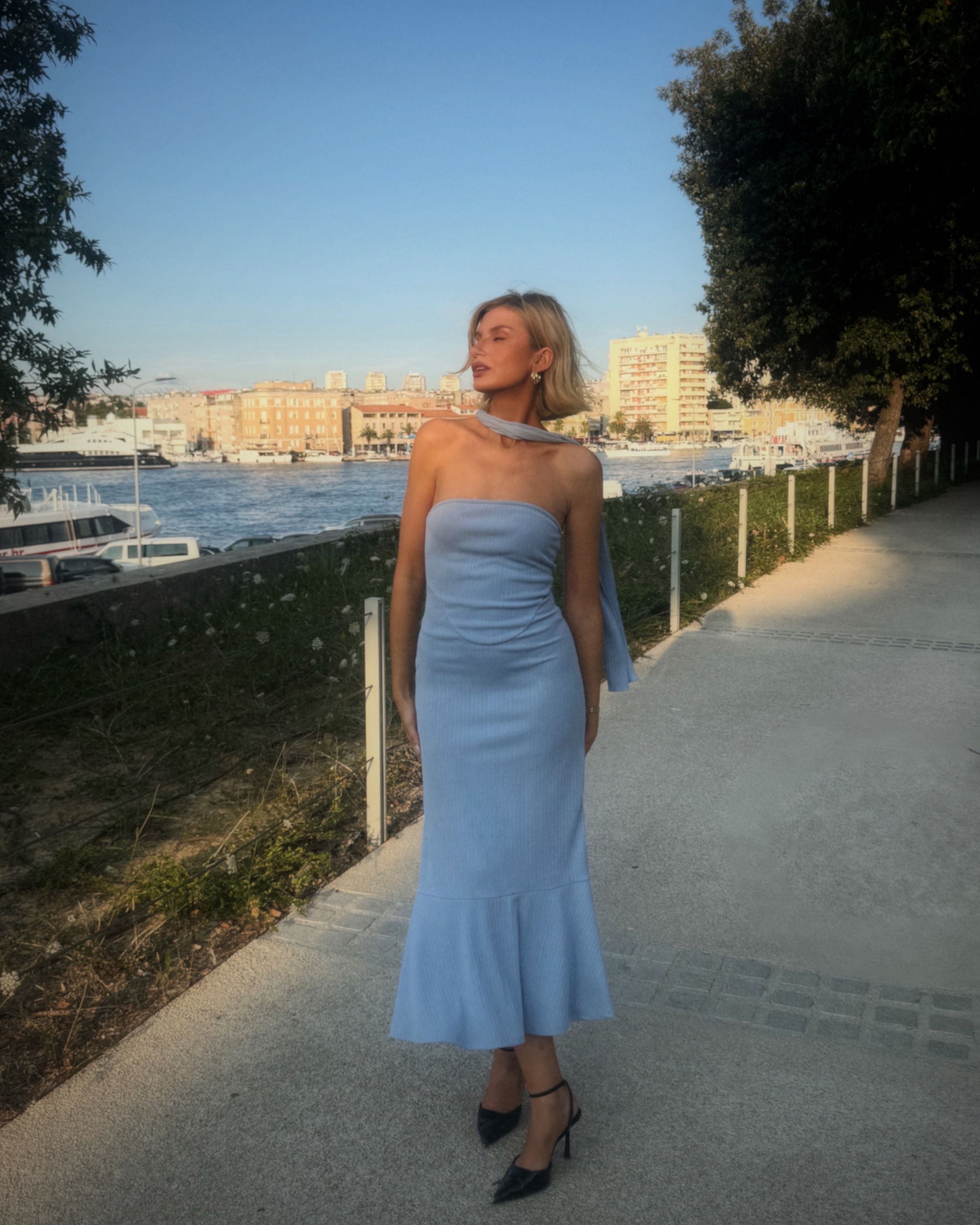 Aria Maxi Dress with Scarf in Sky Blue