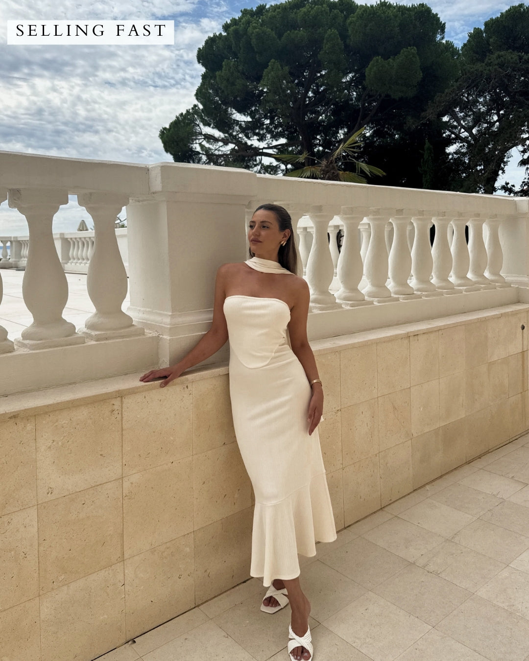 white maxi dress with scarf Dalia Simple Satin Wedding The Soleil Siren in white CREPE DRESS WITH SCARF IN