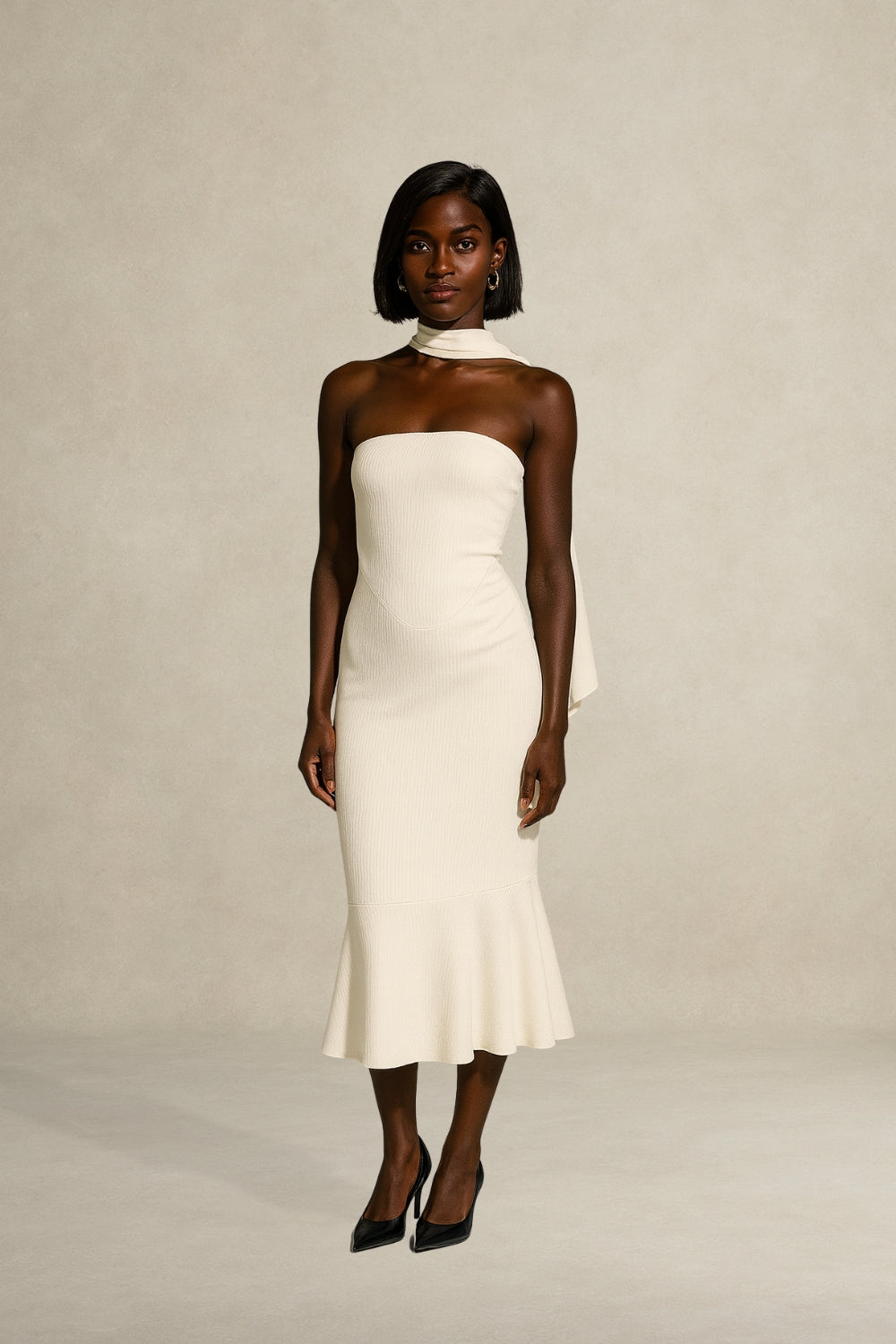 Aria Maxi Dress with Scarf in Cream White