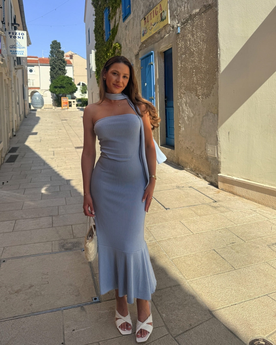 Aria Maxi Dress with Scarf in Sky Blue