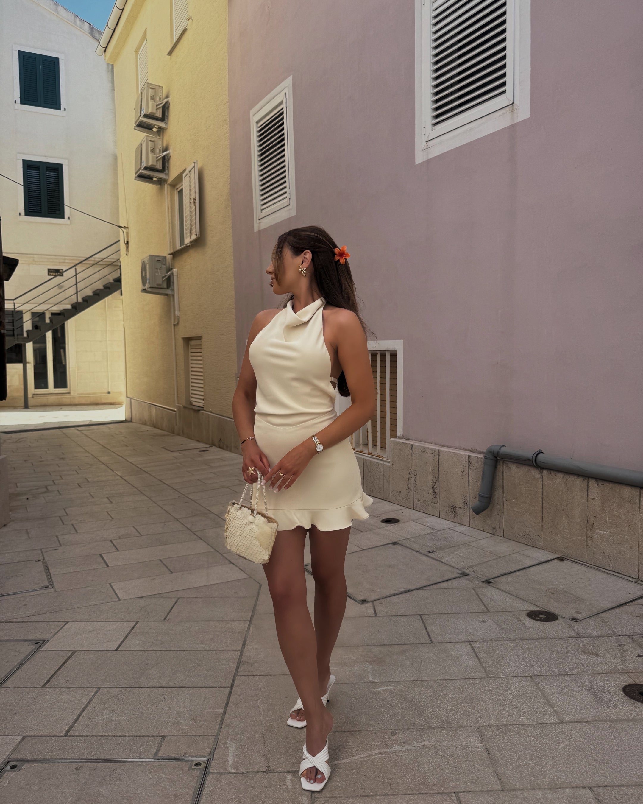 Floreana Halter Mini Dress in Butter Yellow