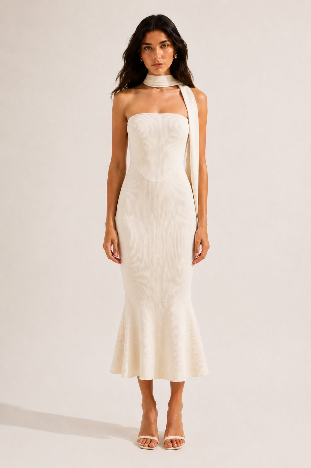 Aria Maxi Dress with Scarf in Cream White